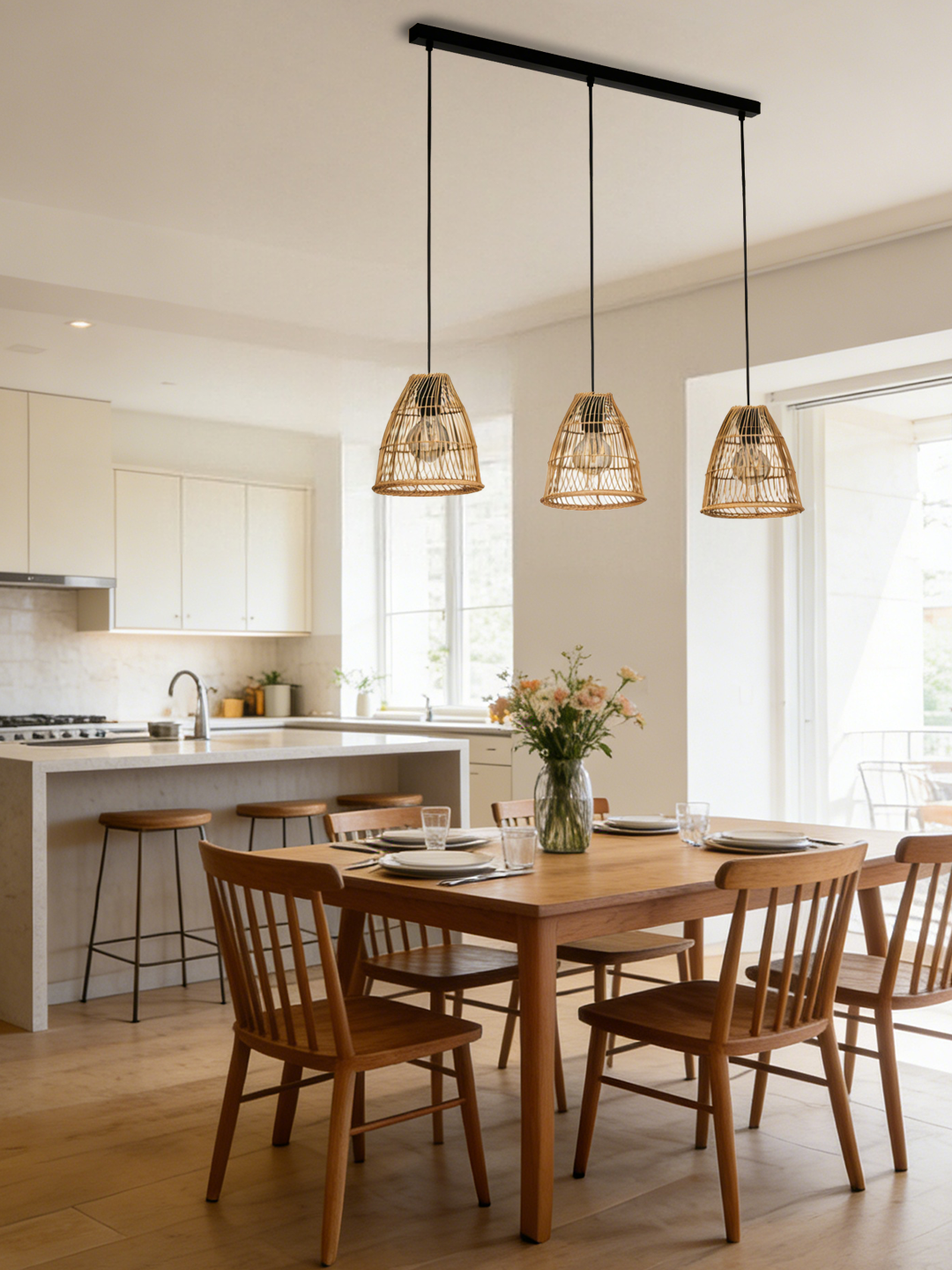 Three-head Rattan Dome Pendant Light | Handwoven Boho Hanging Lamp for Dining Spaces - Image 1