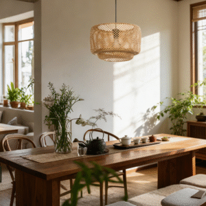 Large Rattan Drum Pendant Light | Handwoven Boho Hanging Lamp for Dining Spaces