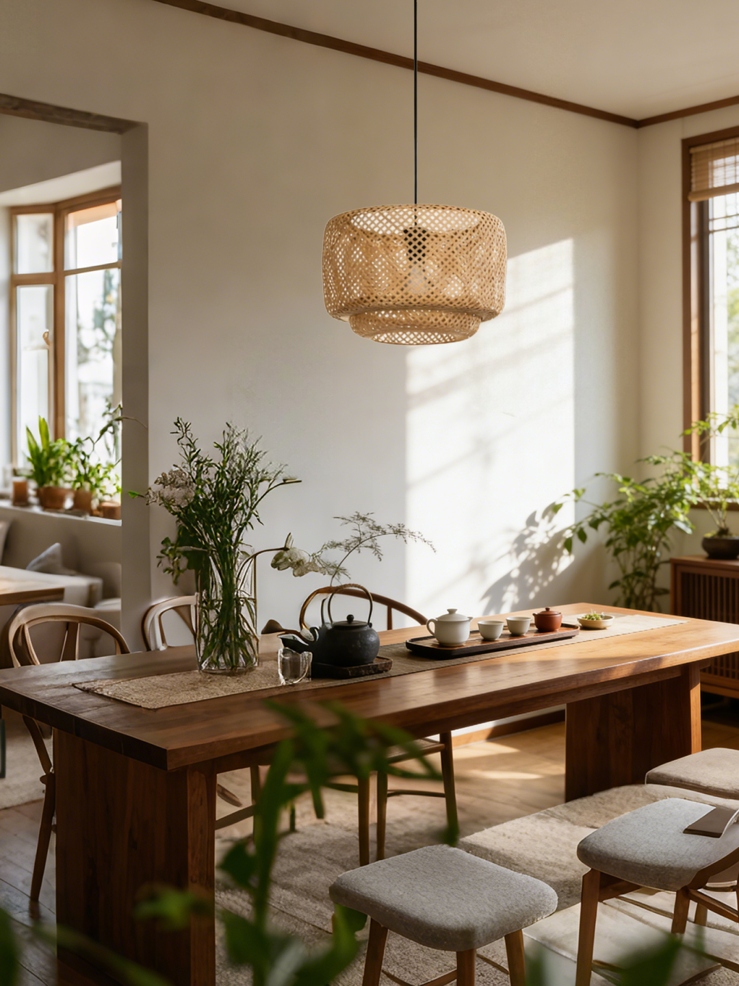 Large Rattan Drum Pendant Light | Handwoven Boho Hanging Lamp for Dining Spaces - Image 1