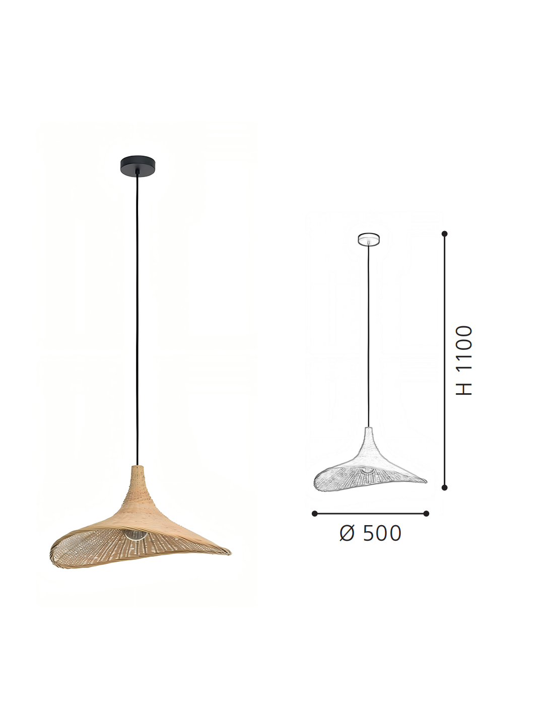 Wide Brim Rattan Pendant Light | Handwoven Boho Hanging Lamp for Modern Home Decor - Image 2