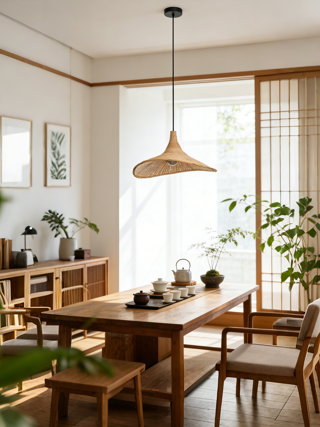 Wide Brim Rattan Pendant Light | Handwoven Boho Hanging Lamp for Modern Home Decor - Image 1