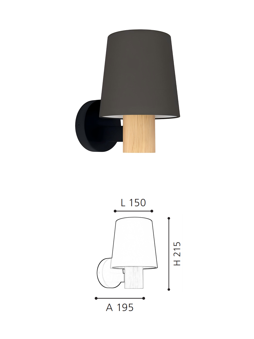 Dark Grey Fabric Shade Wall Sconce with Wood Accent | Modern Minimalist Wall Lamp for Bedroom & Hallway - Image 2
