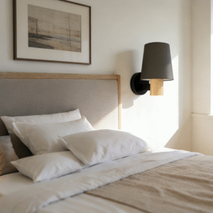 Dark Grey Fabric Shade Wall Sconce with Wood Accent | Modern Minimalist Wall Lamp for Bedroom & Hallway