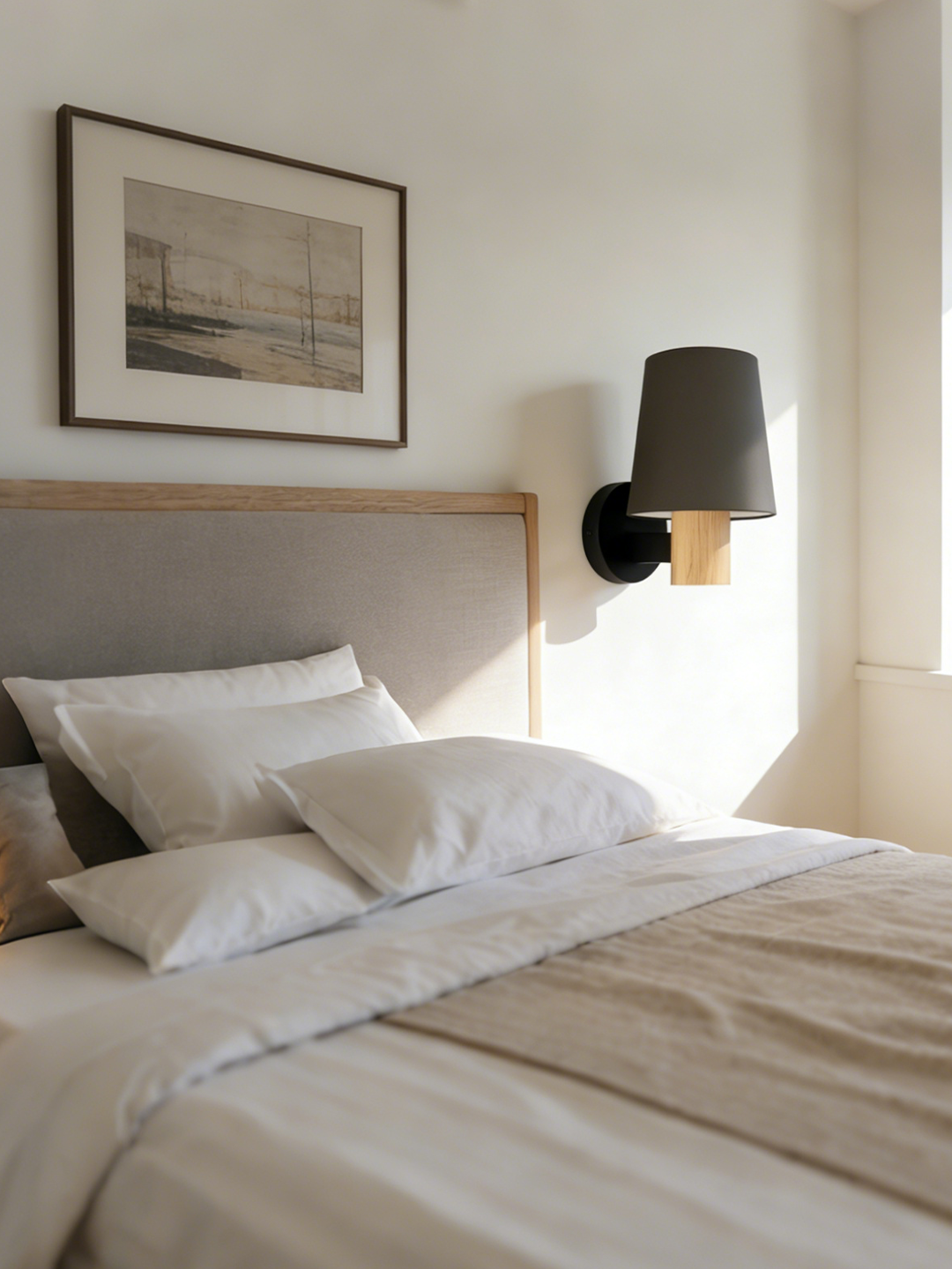 Dark Grey Fabric Shade Wall Sconce with Wood Accent | Modern Minimalist Wall Lamp for Bedroom & Hallway - Image 1