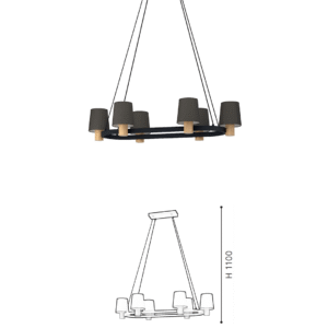 6-Light Dark Grey Fabric Shade Chandelier with Wood Accents | Modern Linear Pendant for Dining Room - Image 2