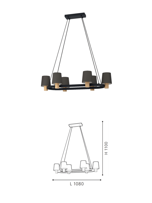 6-Light Dark Grey Fabric Shade Chandelier with Wood Accents | Modern Linear Pendant for Dining Room