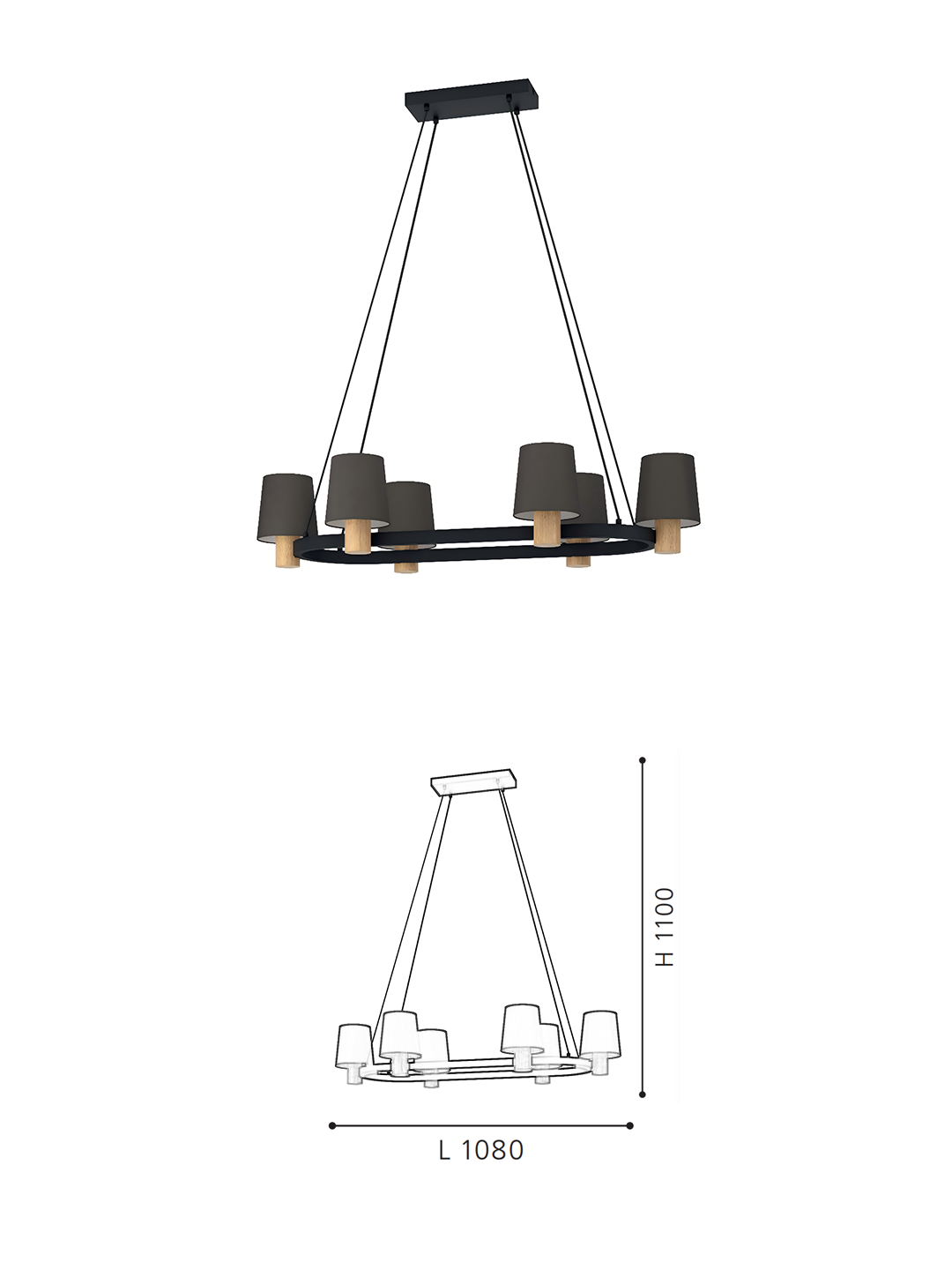 6-Light Dark Grey Fabric Shade Chandelier with Wood Accents | Modern Linear Pendant for Dining Room - Image 2