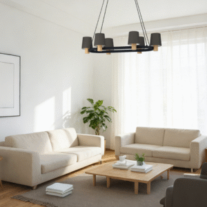 6-Light Dark Grey Fabric Shade Chandelier with Wood Accents | Modern Linear Pendant for Dining Room