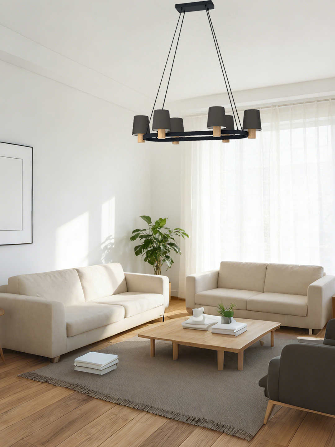 6-Light Dark Grey Fabric Shade Chandelier with Wood Accents | Modern Linear Pendant for Dining Room - Image 1