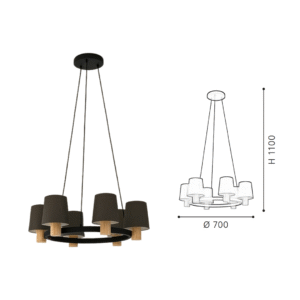 6-Light Dark Grey Fabric Shade Circular Chandelier with Wood Accents | Modern Pendant for Dining Room - Image 2