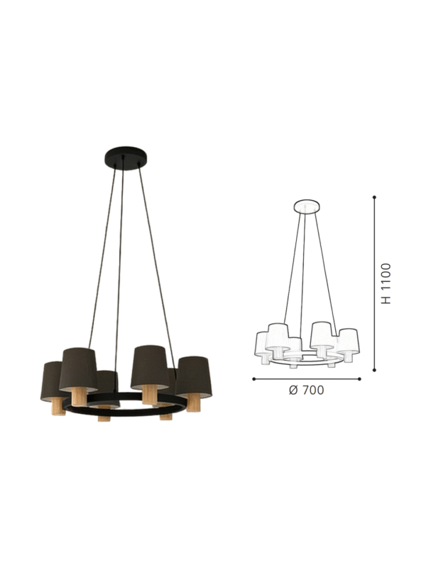 6-Light Dark Grey Fabric Shade Circular Chandelier with Wood Accents | Modern Pendant for Dining Room