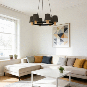 6-Light Dark Grey Fabric Shade Circular Chandelier with Wood Accents | Modern Pendant for Dining Room