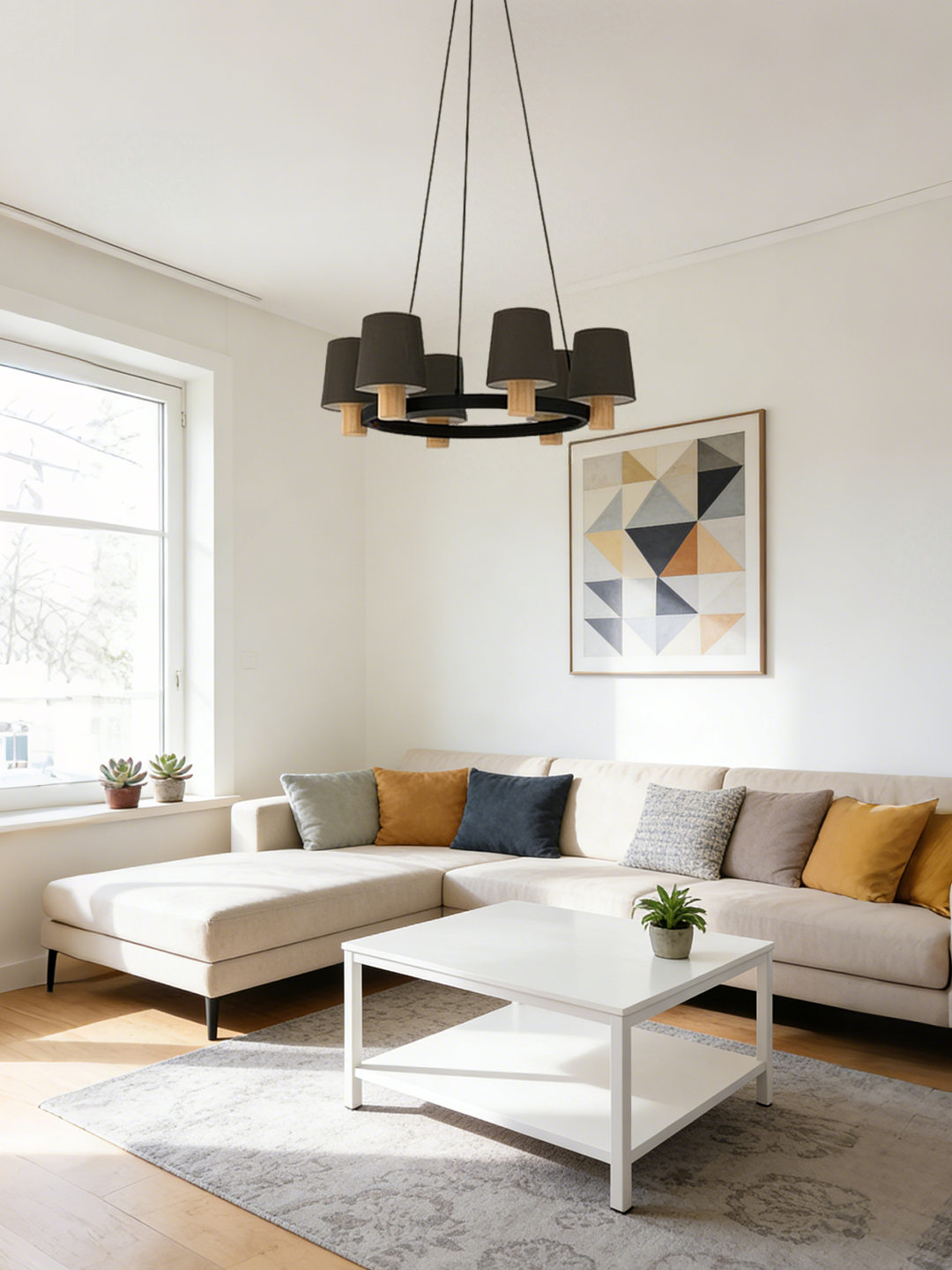 6-Light Dark Grey Fabric Shade Circular Chandelier with Wood Accents | Modern Pendant for Dining Room - Image 1