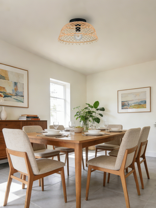 Handwoven Rattan Flush Mount Ceiling Light | Boho Woven Lighting for Modern Home Decor