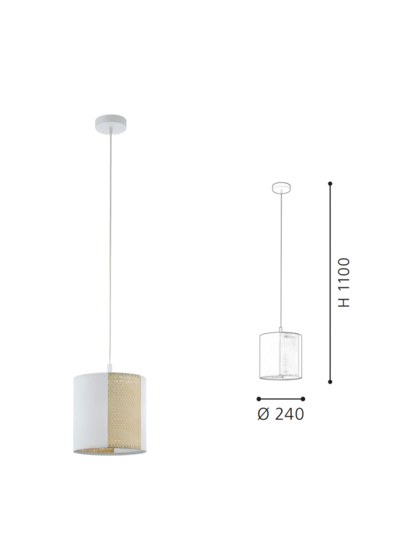 White Fabric & Gold Rattan Drum Pendant Light | Modern Minimalist Hanging Lamp for Home Decor