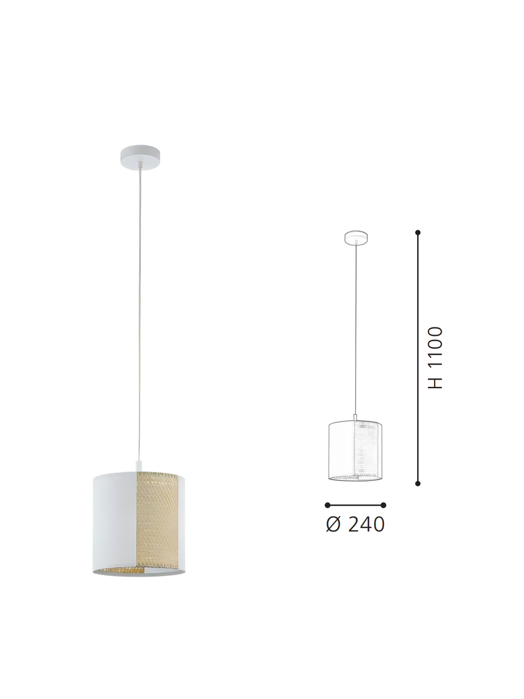 White Fabric & Gold Rattan Drum Pendant Light | Modern Minimalist Hanging Lamp for Home Decor - Image 2