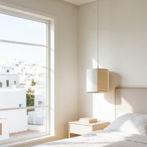 White Fabric & Gold Rattan Drum Pendant Light | Modern Minimalist Hanging Lamp for Home Decor