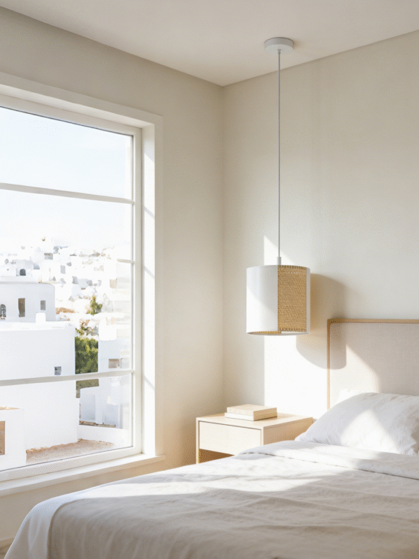 White Fabric & Gold Rattan Drum Pendant Light | Modern Minimalist Hanging Lamp for Home Decor