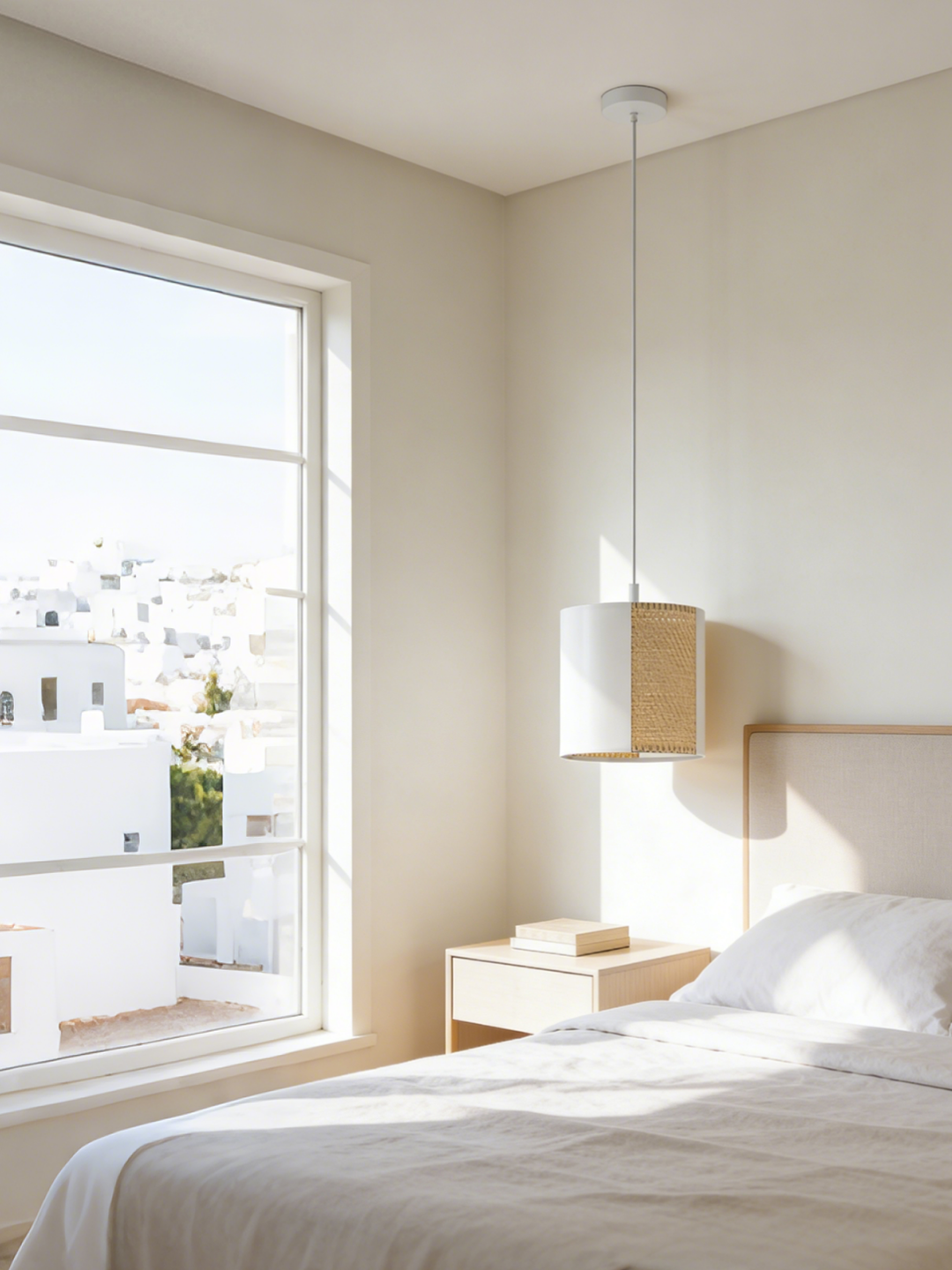 White Fabric & Gold Rattan Drum Pendant Light | Modern Minimalist Hanging Lamp for Home Decor - Image 1