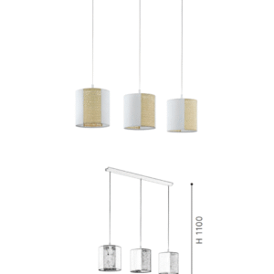 3-Light White Fabric & Gold Rattan Linear Pendant Light | Modern Minimalist Hanging Lamp for Dining Room - Image 2
