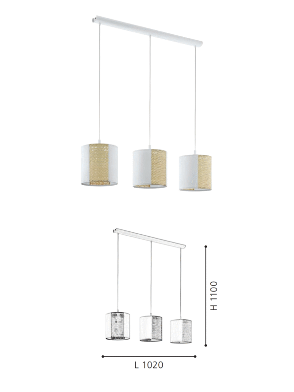 3-Light White Fabric & Gold Rattan Linear Pendant Light | Modern Minimalist Hanging Lamp for Dining Room