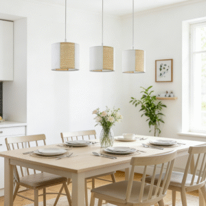 3-Light White Fabric & Gold Rattan Linear Pendant Light | Modern Minimalist Hanging Lamp for Dining Room