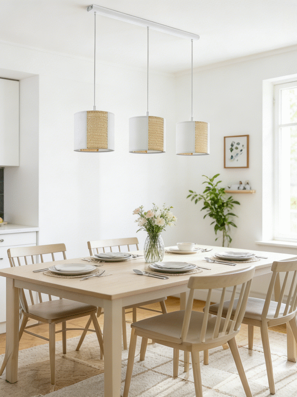 3-Light White Fabric & Gold Rattan Linear Pendant Light | Modern Minimalist Hanging Lamp for Dining Room