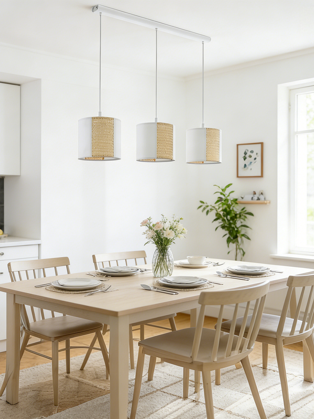 3-Light White Fabric & Gold Rattan Linear Pendant Light | Modern Minimalist Hanging Lamp for Dining Room - Image 1