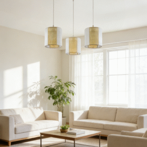 4-Light White Fabric & Gold Rattan Linear Pendant Light | Modern Minimalist Hanging Lamp for Dining Room