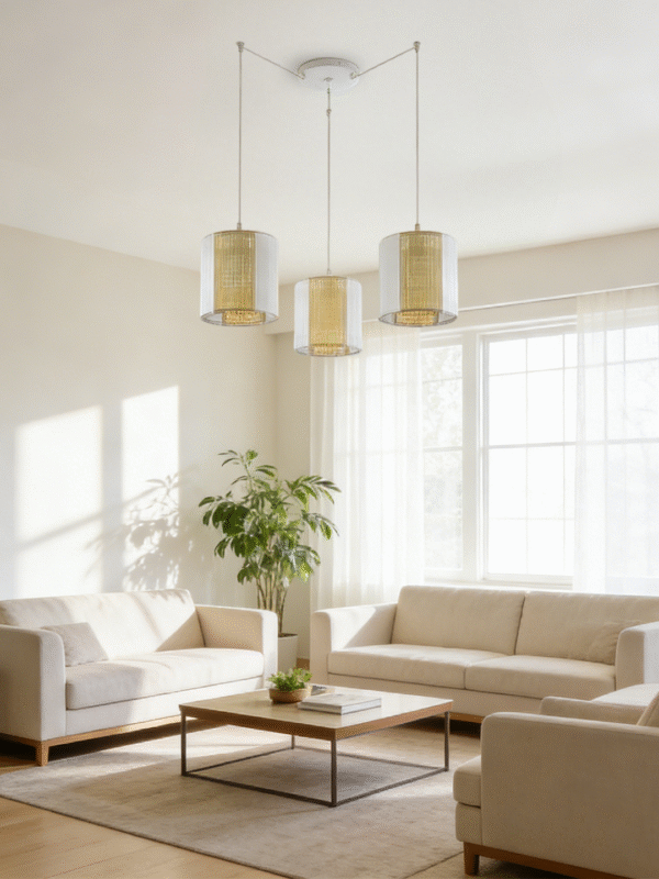 4-Light White Fabric & Gold Rattan Linear Pendant Light | Modern Minimalist Hanging Lamp for Dining Room