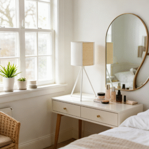 White Fabric & Gold Rattan Tripod Table Lamp | Modern Minimalist Desk Lamp for Home Decor