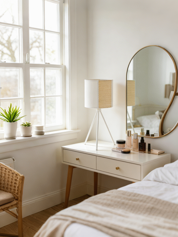 White Fabric & Gold Rattan Tripod Table Lamp | Modern Minimalist Desk Lamp for Home Decor