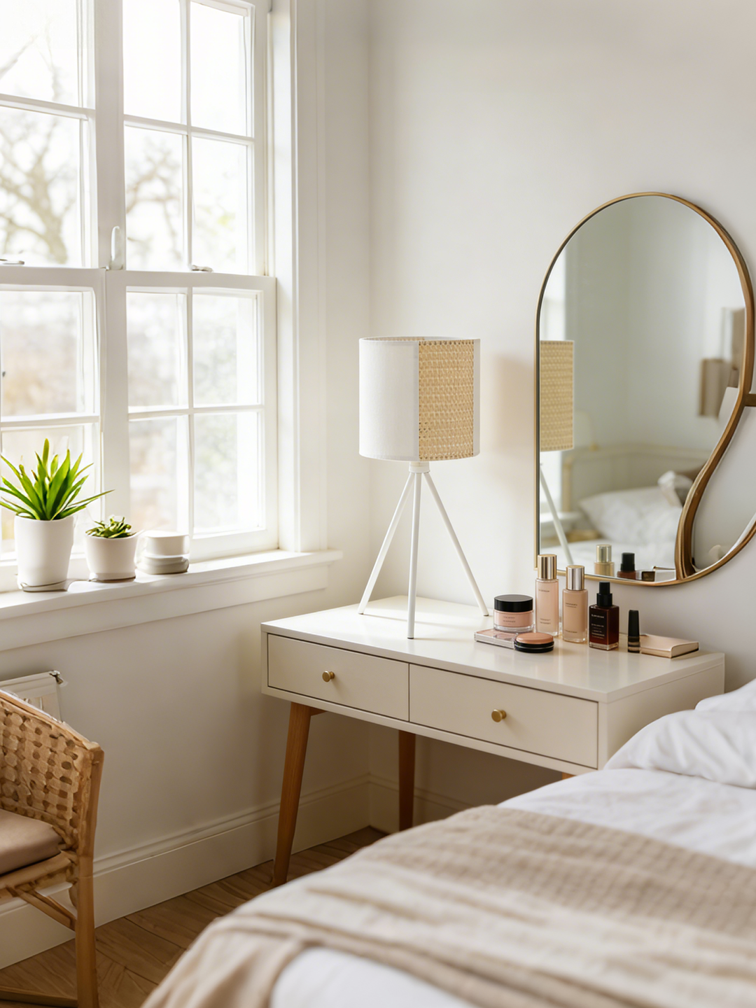 White Fabric & Gold Rattan Tripod Table Lamp | Modern Minimalist Desk Lamp for Home Decor - Image 1