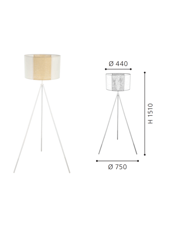 White Fabric & Gold Rattan Tripod Floor Lamp | Modern Minimalist Floor Lamp for Home Decor