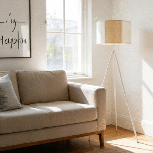 White Fabric & Gold Rattan Tripod Floor Lamp | Modern Minimalist Floor Lamp for Home Decor