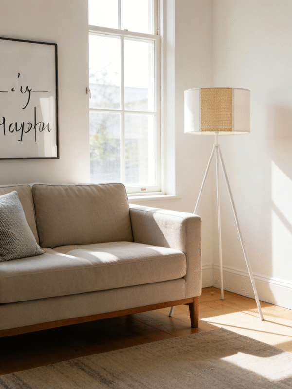 White Fabric & Gold Rattan Tripod Floor Lamp | Modern Minimalist Floor Lamp for Home Decor