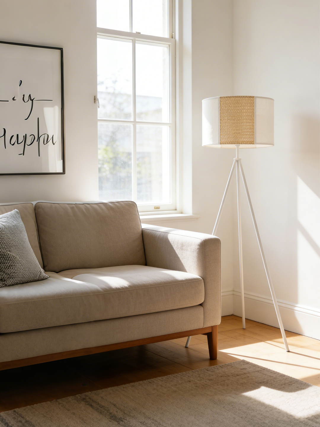 White Fabric & Gold Rattan Tripod Floor Lamp | Modern Minimalist Floor Lamp for Home Decor - Image 1