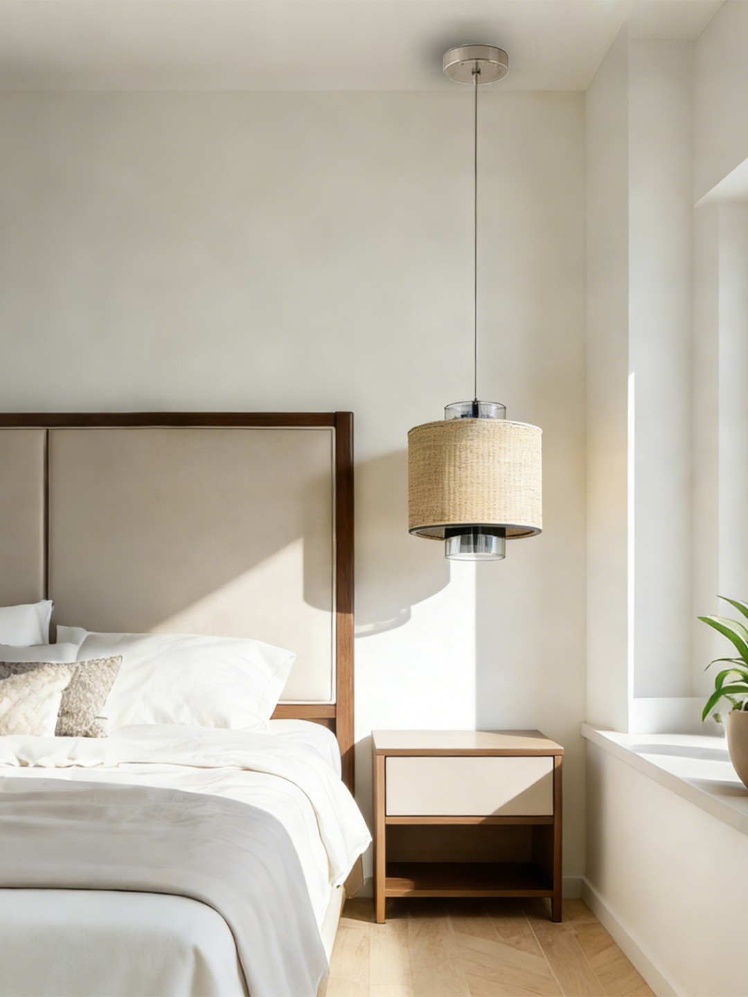 White Fabric & Gold Rattan Tripod Pendant Lamp | Modern Minimalist Floor Lamp for Home Decor - Image 1