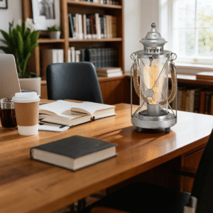 Vintage Lantern Table Lamp | Rustic Metal & Glass Accent Lamp for Home Decor