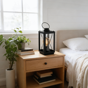 Black Square Lantern Table Lamp | Rustic Industrial Accent Lamp for Home Decor