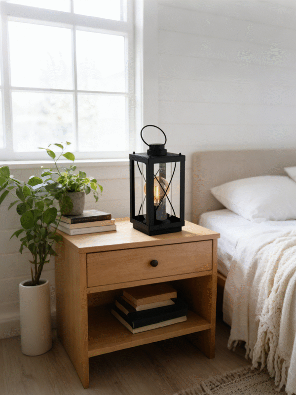Black Square Lantern Table Lamp | Rustic Industrial Accent Lamp for Home Decor