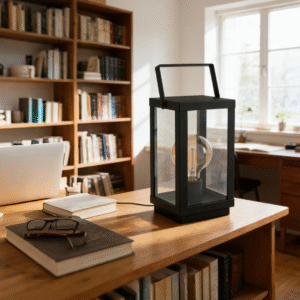 Black Square Lantern Table Lamp | Rustic Industrial Accent Lamp for Home Decor