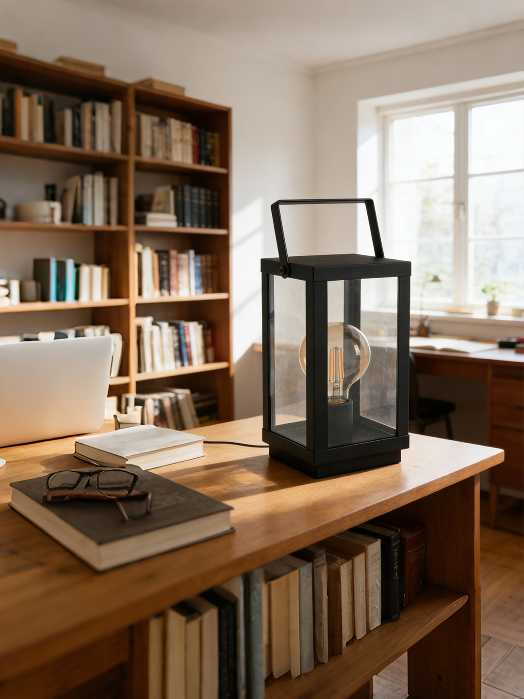 Black Square Lantern Table Lamp | Rustic Industrial Accent Lamp for Home Decor - Image 1