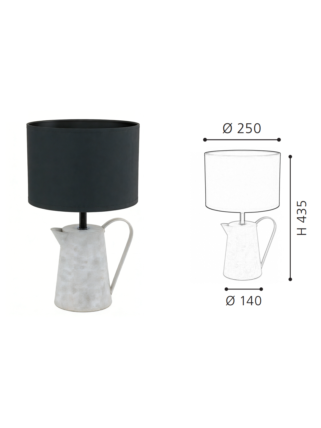 Galvanized Metal Pitcher Table Lamp with Black Fabric Shade | Modern Industrial Accent Lamp for Home Decor - Image 2