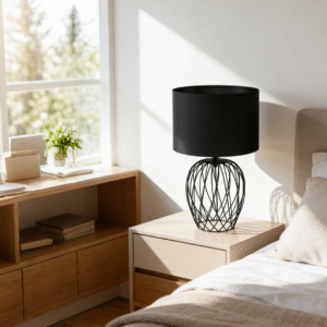 Black Wire Cage Table Lamp with Black Fabric Shade | Modern Minimalist Accent Lamp for Home Decor