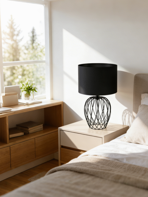 Black Wire Cage Table Lamp with Black Fabric Shade | Modern Minimalist Accent Lamp for Home Decor