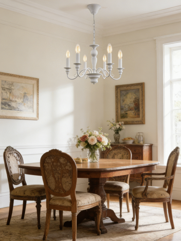 White 5-Light French Country Chandelier | Elegant Shabby Chic Pendant for Dining Room