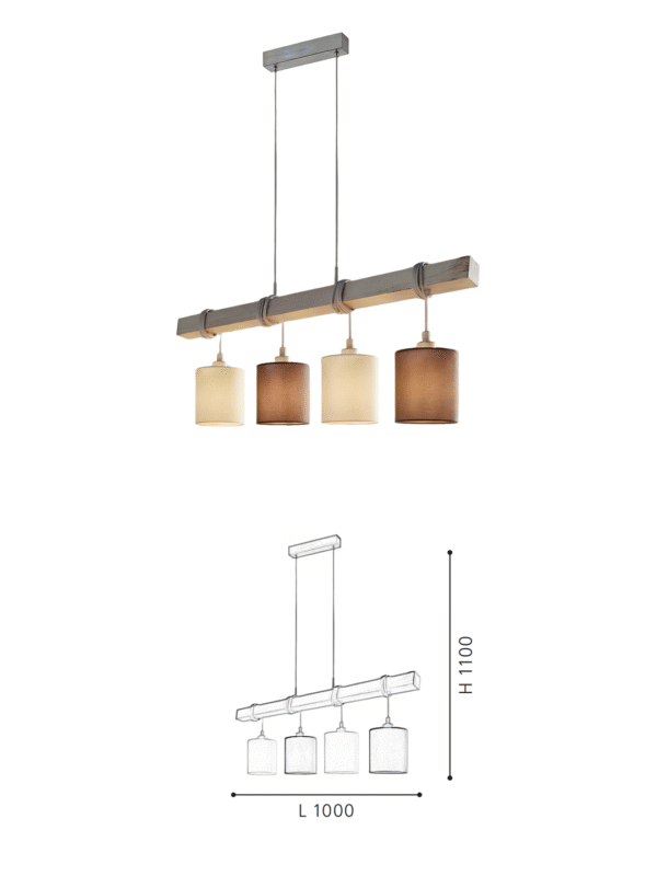 4-Light Mixed Fabric Shade Linear Pendant Light with Wooden Bar | Rustic Modern Hanging Lamp for Dining Room