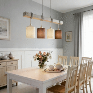 4-Light Mixed Fabric Shade Linear Pendant Light with Wooden Bar | Rustic Modern Hanging Lamp for Dining Room