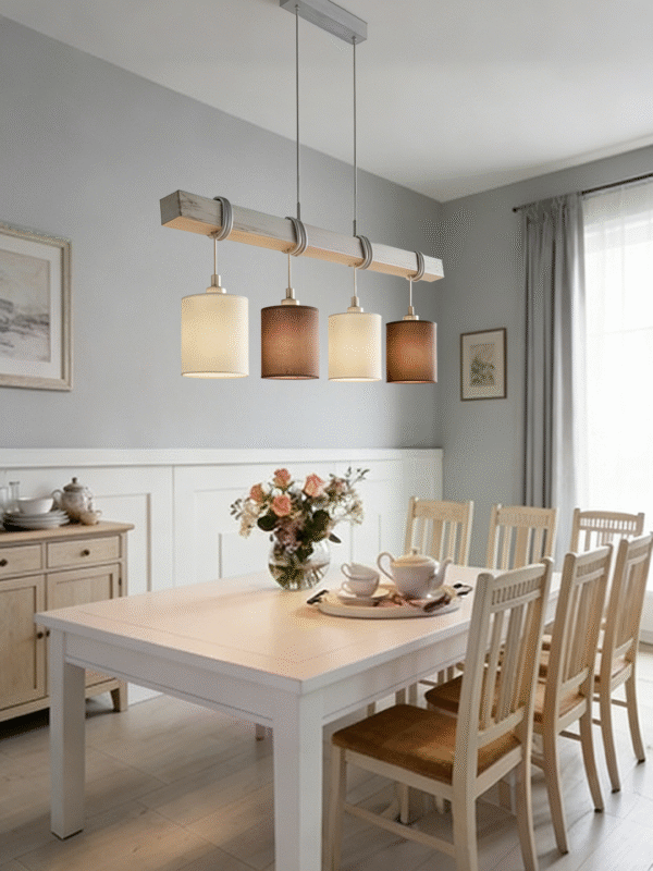 4-Light Mixed Fabric Shade Linear Pendant Light with Wooden Bar | Rustic Modern Hanging Lamp for Dining Room